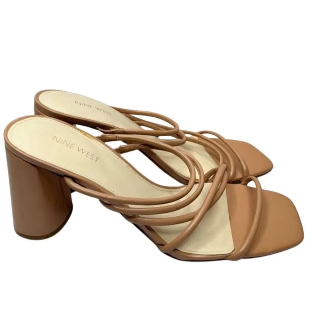 Nine West Sandals Womens Size 12 Tan Strappy Square‎ Open Toe Block Heel